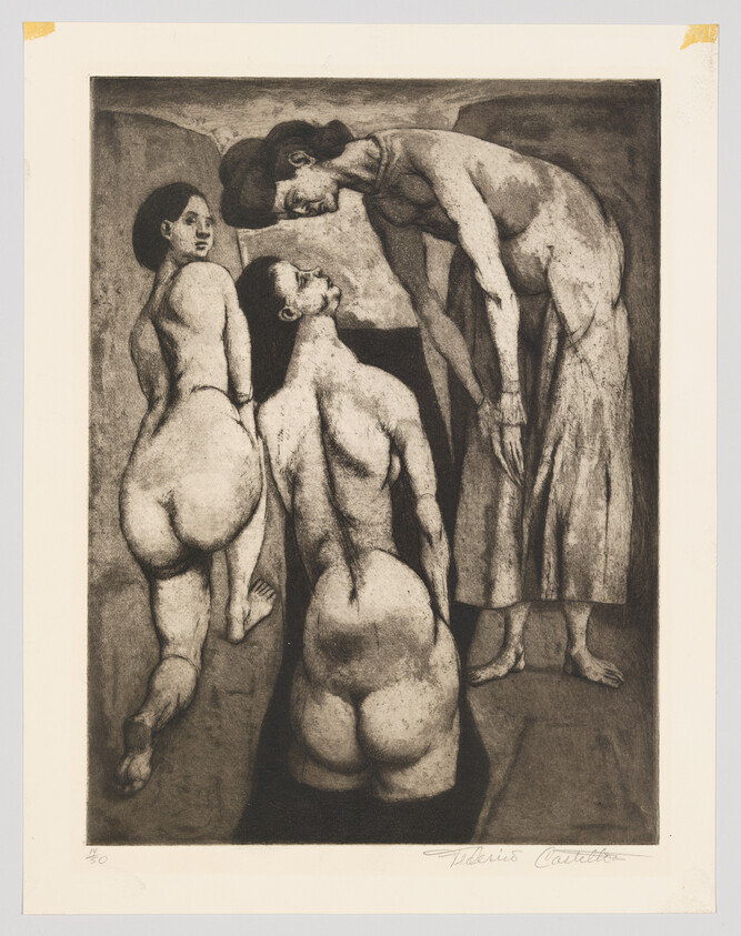 Three nude figures in a dim interior, two looking up at a standing woman.
