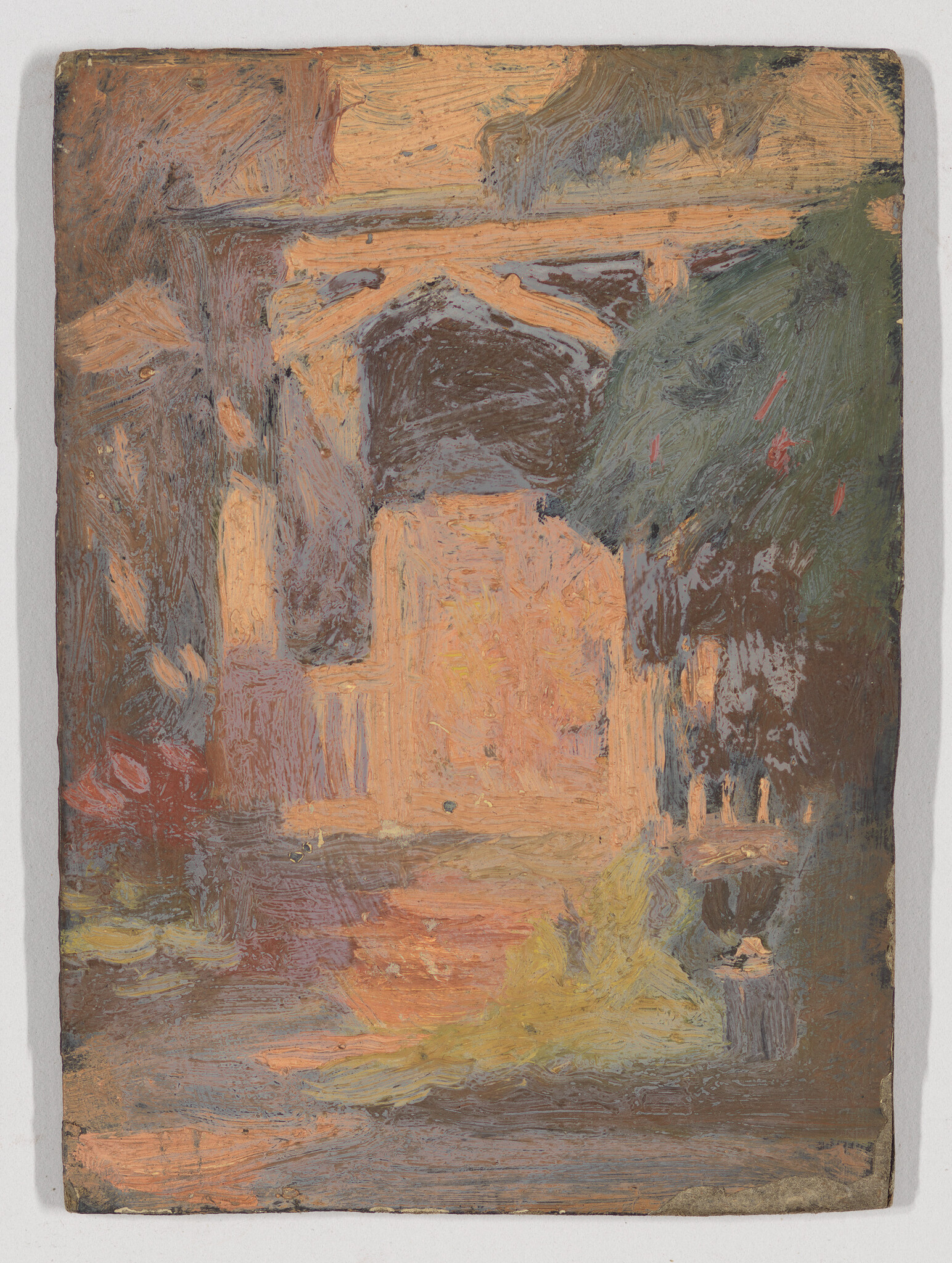A small textured painting showing a sunlit stone archway and warm reflections by trees.