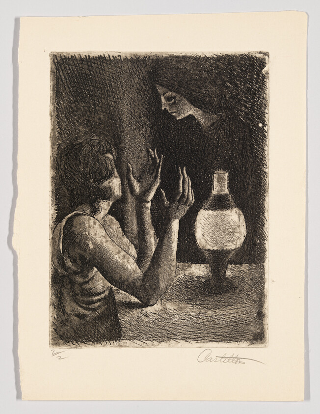 A person raises both hands toward a floating face above a glowing lamp on a table.