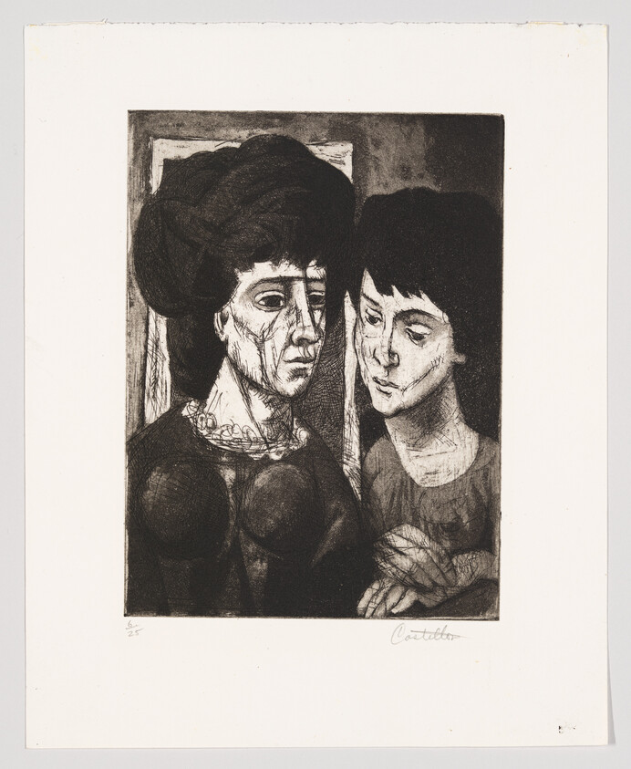 Two women sit close together, the younger woman looking at the older woman's face.