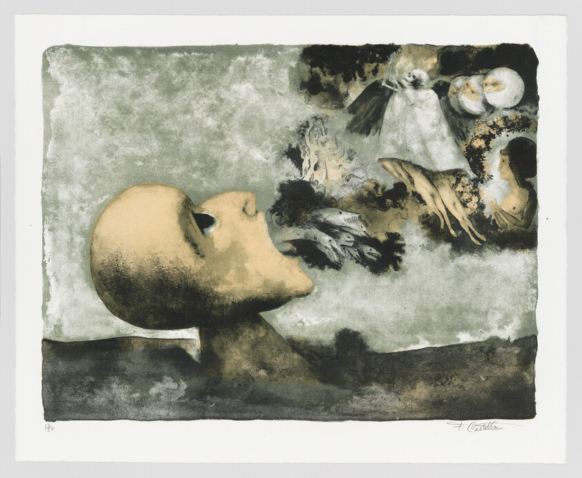 A large bald head lies partially submerged, exhaling birds and ghostly figures into the sky.