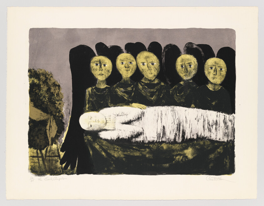 An artwork depicting seven solemn figures with pale, mask-like faces, dressed in black, standing behind a shrouded figure lying on a bier. The background is dark with a hint of a landscape on the left. The style is expressionistic, with a focus on the stark contrast between the figures' faces and the dark surroundings.