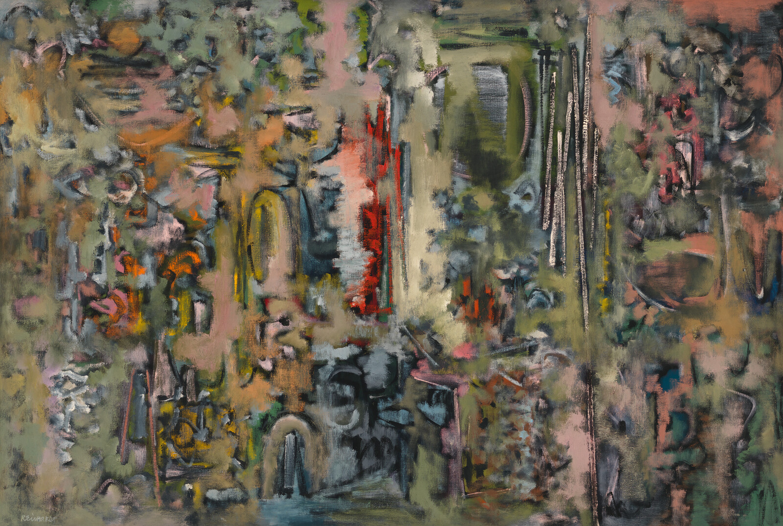 Abstract painting with blurred shapes and lines in green, pink, orange, and red, creating a textured, layered effect.