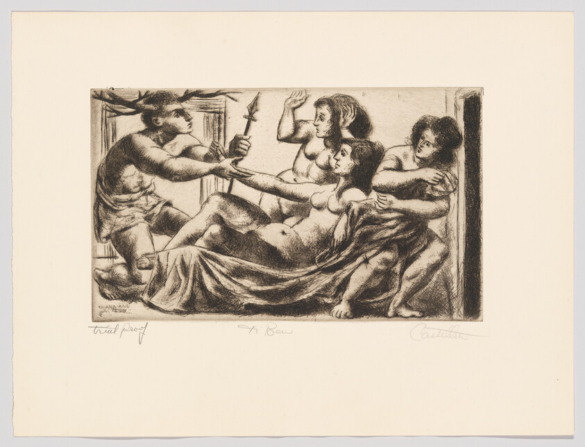 A kneeling man offers a spear to three reclining women, one reaching toward him.