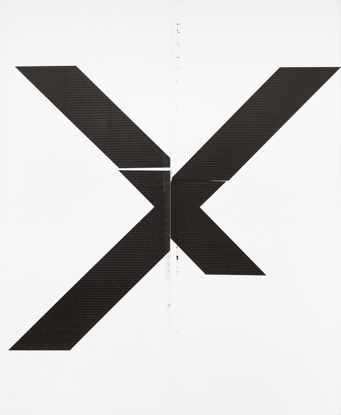 A large black X with a textured appearance centered on a white background, creating a stark contrast.