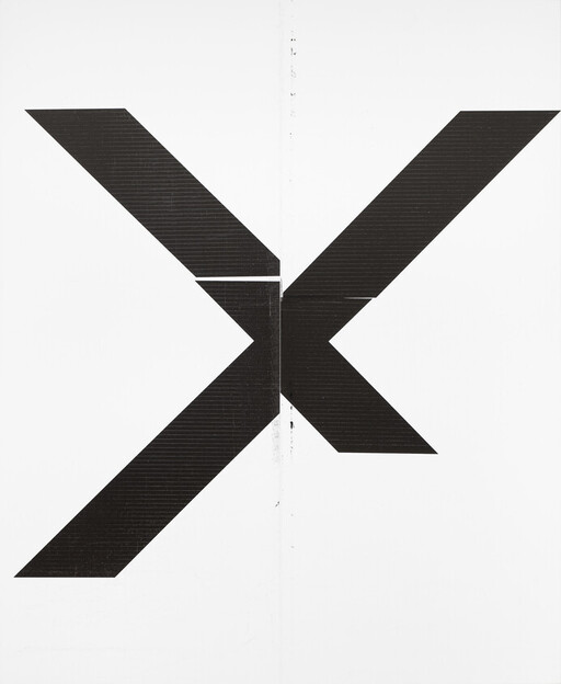 Large black X-shaped geometric graphic centered on a white background with a faint vertical seam.
