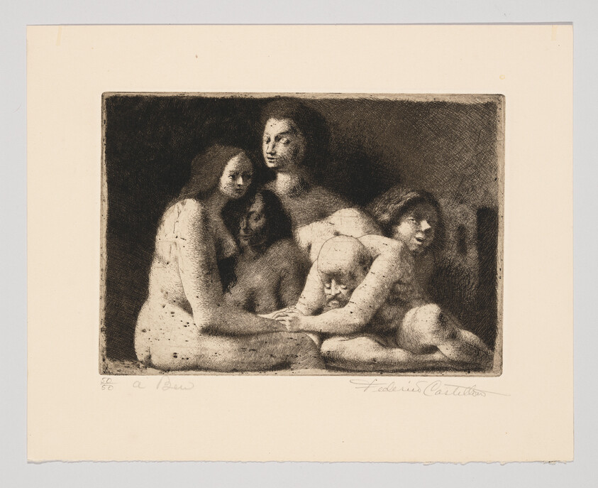 Five seated nude figures lean together in a close, somber monochrome etching.