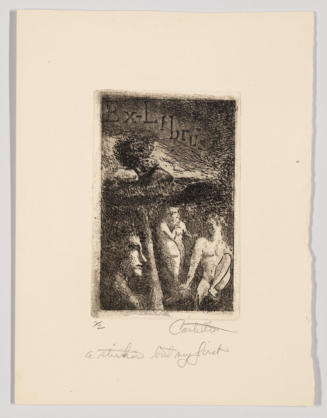 Three classical figures stand under a tree with the words "Ex libris" at the top.