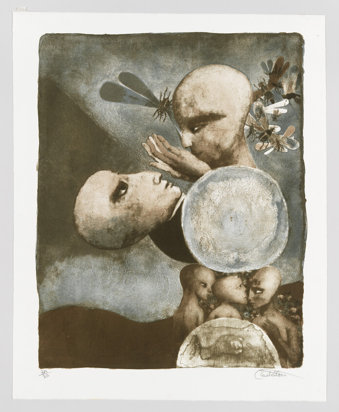 Two large floating heads, one whispering to the other, with insects and smaller figures below.