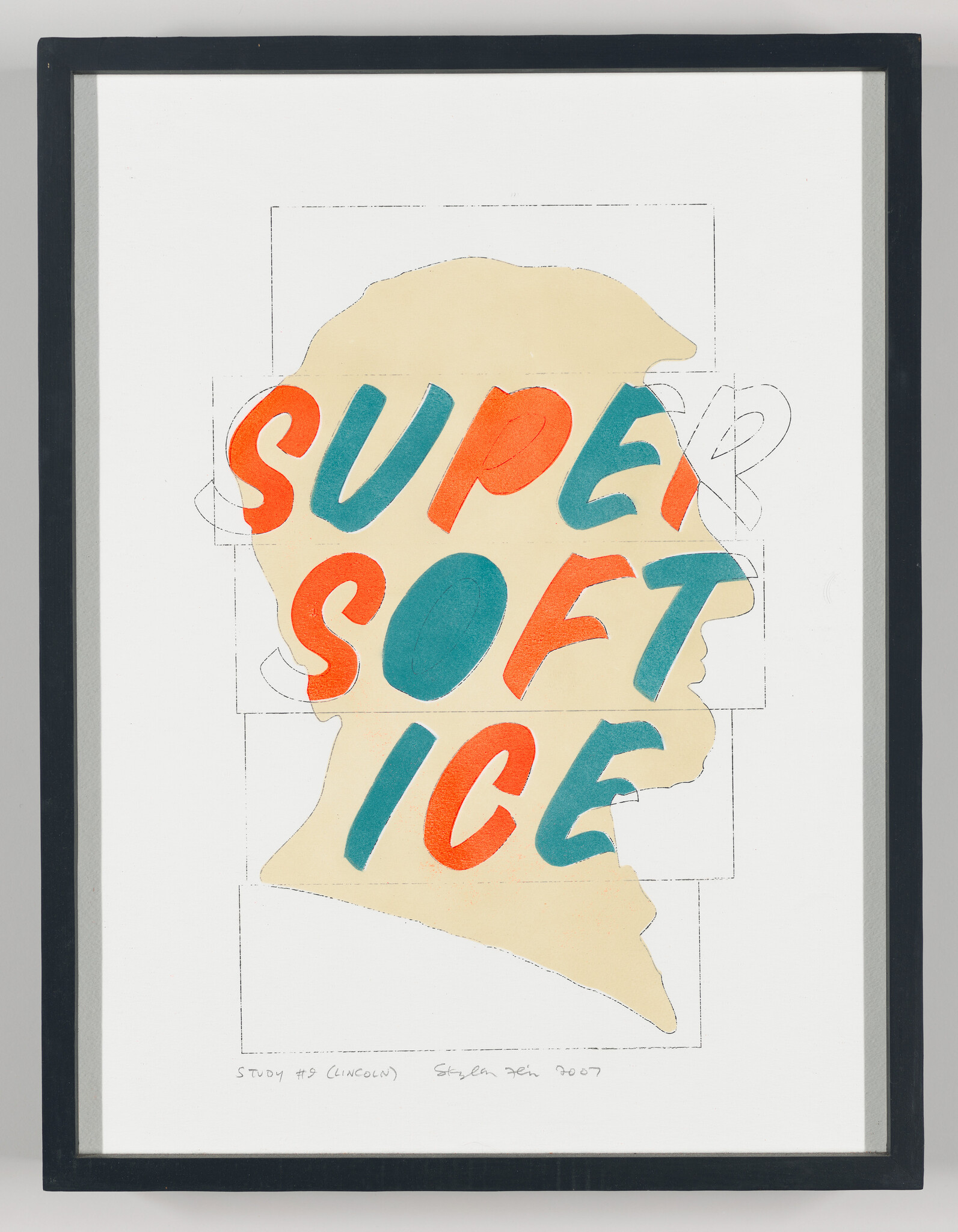 Silhouette filled with large colorful letters reading "SUPER SOFT ICE" in framed artwork.