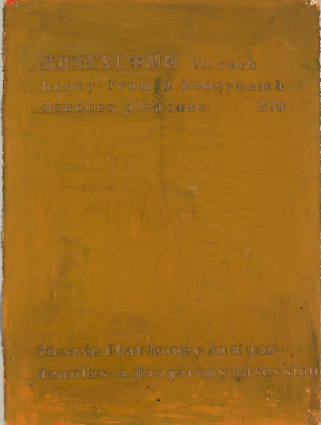 Large orange painted panel stamped with faint word "HONEYCOMB" and faded lines about honey and danger.