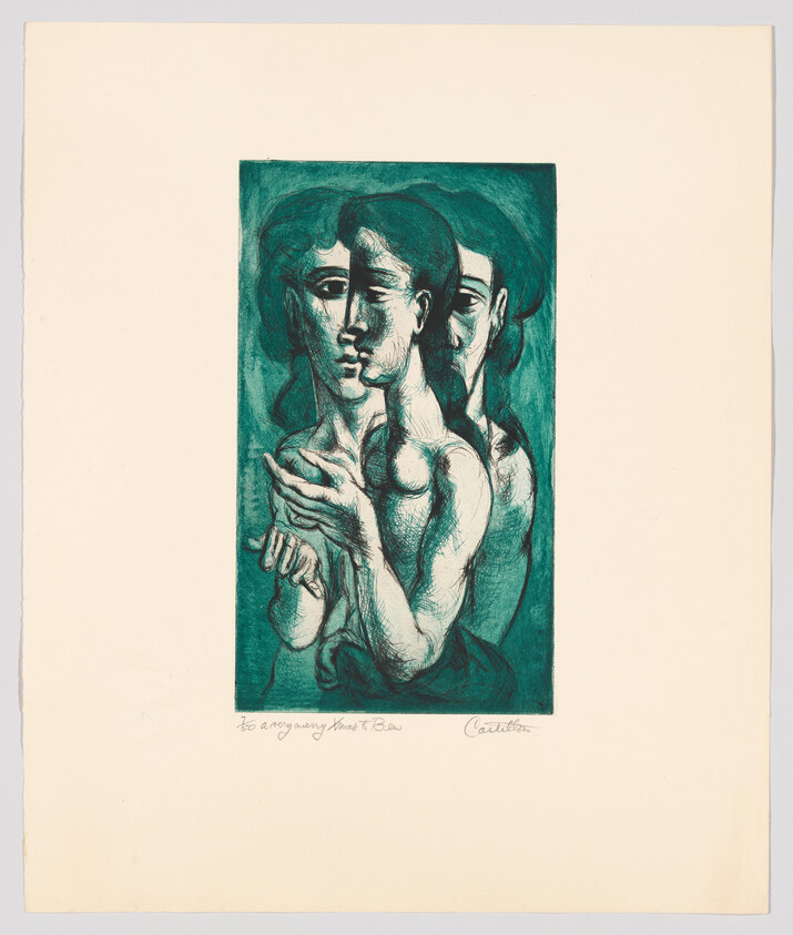 Three overlapping female figures in a teal print with a central woman clasping her hands.