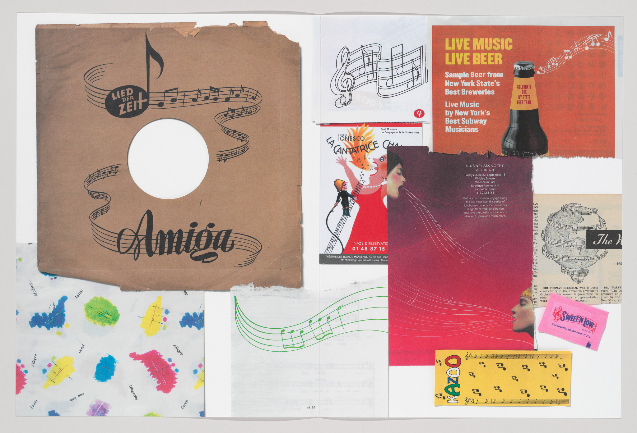 A collage of various paper items including a vintage record sleeve with the word "Amiga," flyers for live music and beer, a theater poster, colorful paint splatters, musical notes, a ruler, and a Sweet'N Low packet, all arranged on a flat surface.