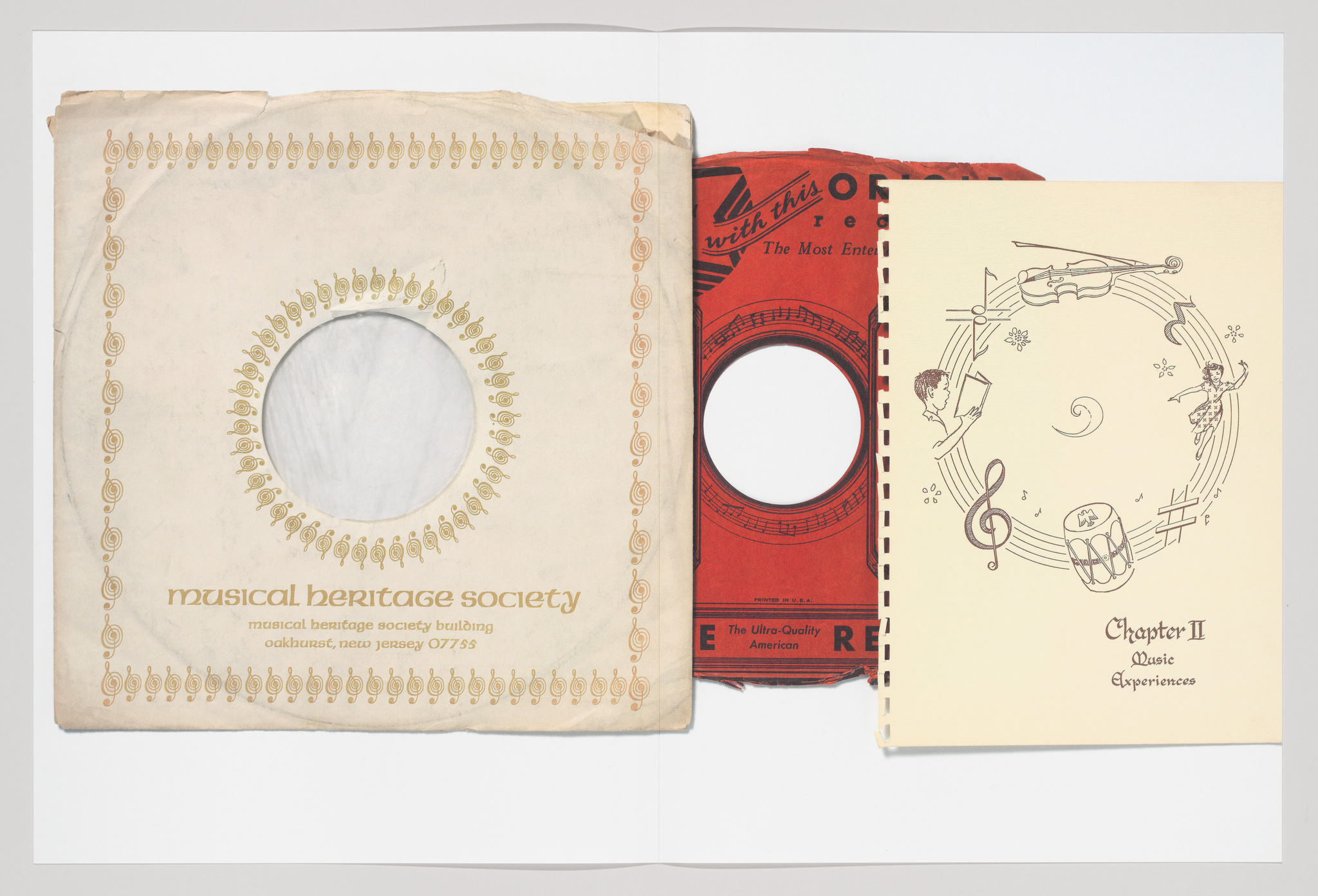 Three vintage record sleeve covers are displayed side by side on a white background. From left to right: the first cover is beige with decorative musical notes and symbols around a central circular cut-out; it has the text "musical heritage society" at the bottom. The middle cover is red with bold black text and also features a central circular cut-out. The third cover is cream-colored with a whimsical design of musical instruments, notes, and small figures, with the text "Chapter II Music Experiences" at the bottom. All covers show signs of wear and age.