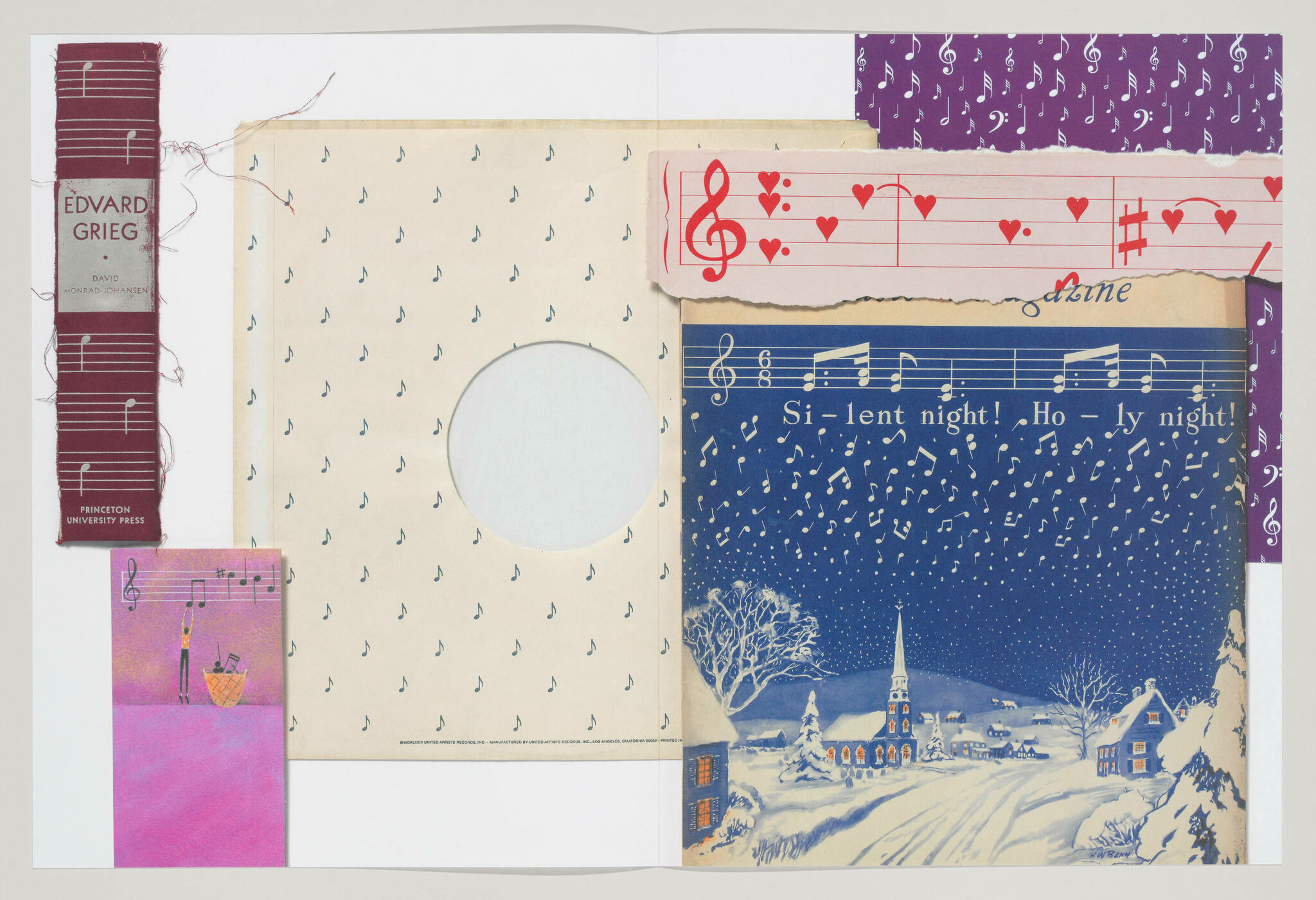 A collage of various paper elements with musical themes, including a spine of a book about Edvard Grieg, sheets of music with notes and hearts, and a vintage illustration of a snowy village scene with the lyrics "Silent night! Holy night!" printed across. The papers are layered on top of each other, with a circular cut-out on the left side revealing a beige paper with musical notes.