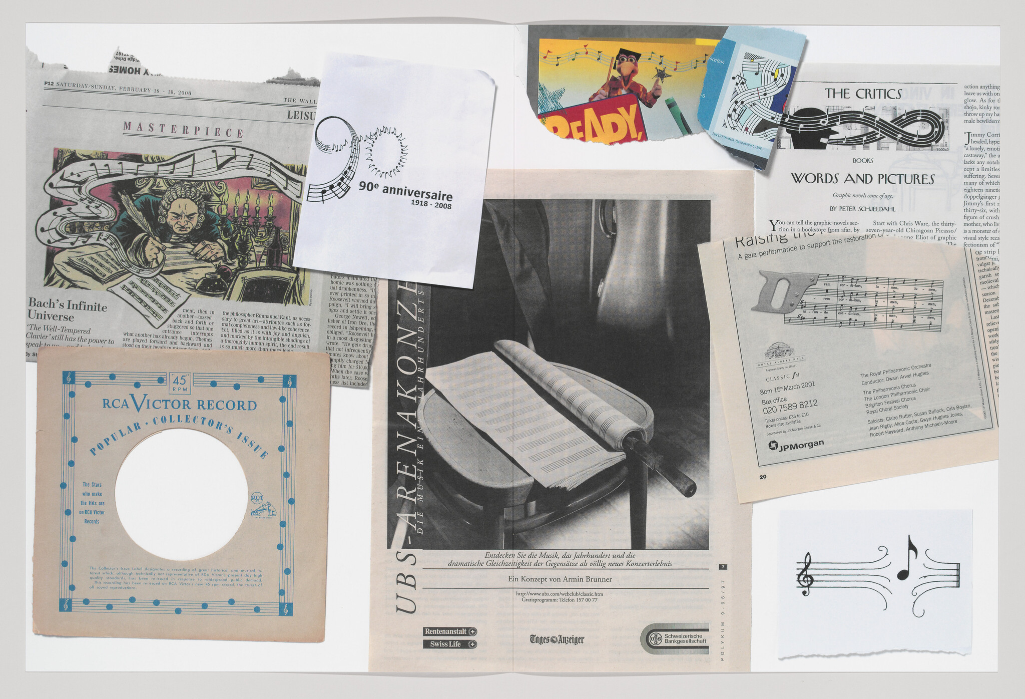 Collage of music-themed newspaper clippings, sheet music, and an RCA Victor record sleeve.