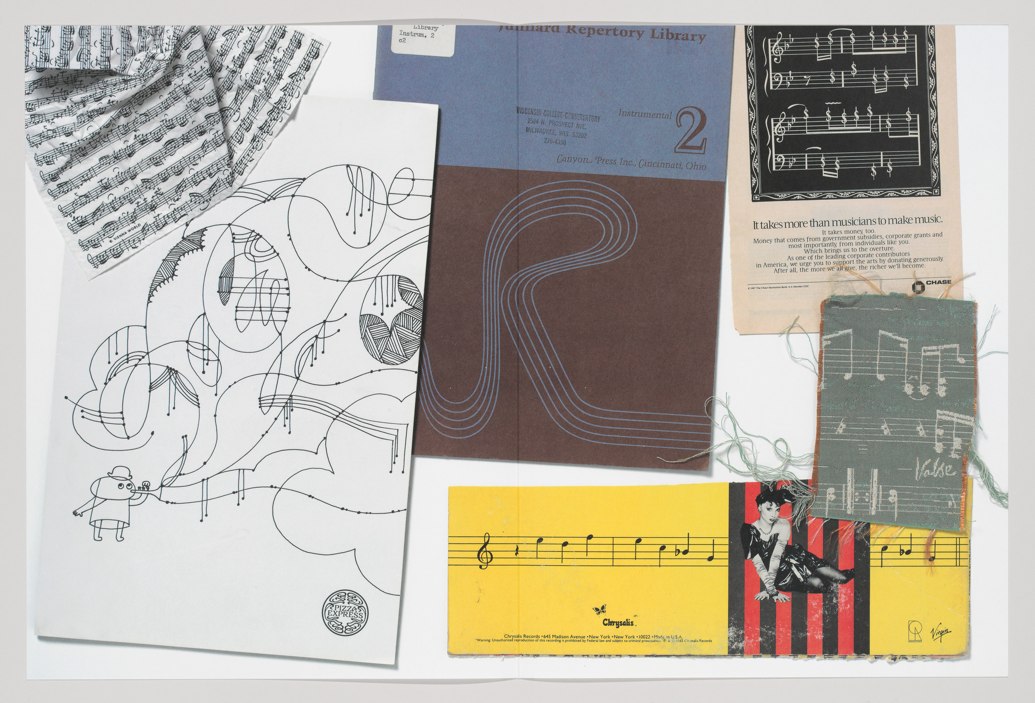 A collage of various music-themed items including sheet music, a music library pamphlet, an advertisement with a musical score background, and a whimsical drawing of a character with musical notes. The items are arranged on a flat surface, overlapping each other, creating an artistic display of music-related materials.