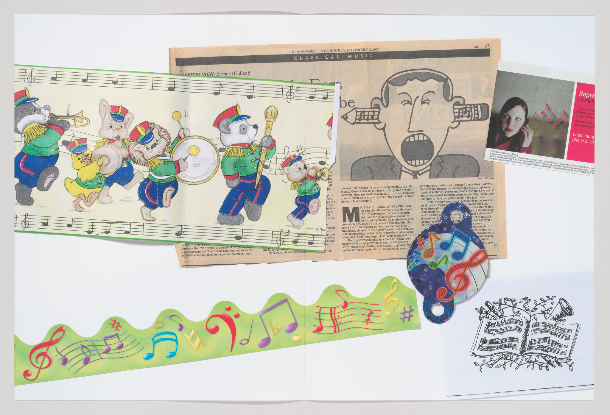 A collage of various music-themed items including illustrated animals playing instruments on sheet music, newspaper clippings about classical music, colorful musical notes, and a photo of a woman listening to music with visible notes floating around her.