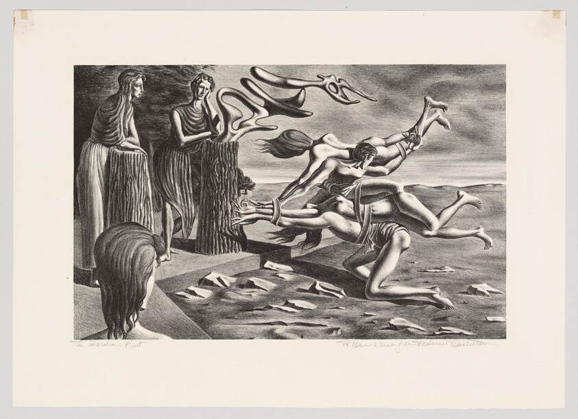 Three bound figures struggle and reach across a platform while two robed women watch.