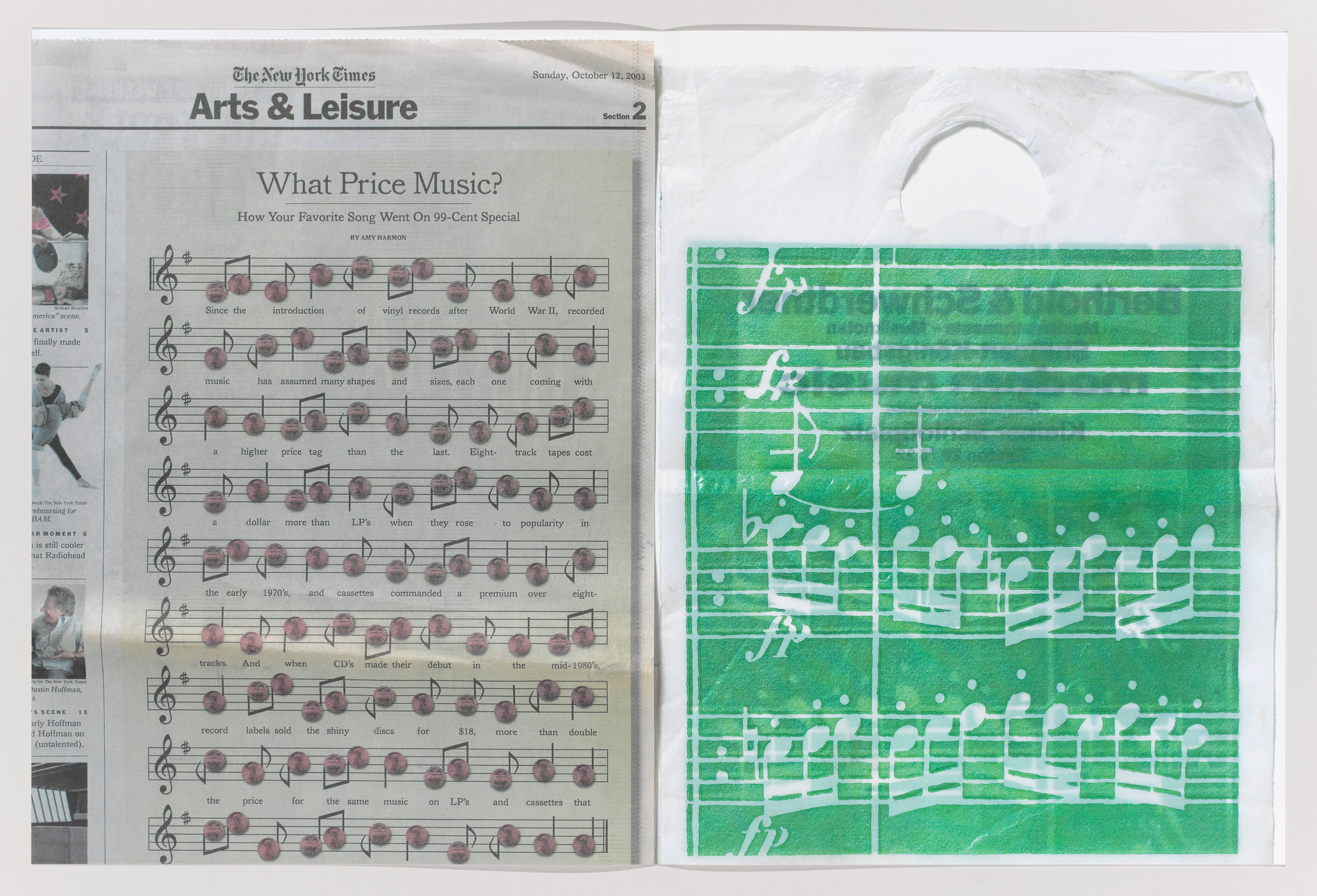 A photograph of an open newspaper, The New York Times Arts & Leisure section, with an article titled "What Price Music?" on the left side. The right side of the image shows a translucent green plastic bag overlaying the newspaper, with white printed musical notes and staff lines, creating a visual blend of the text and images beneath with the musical design of the bag.