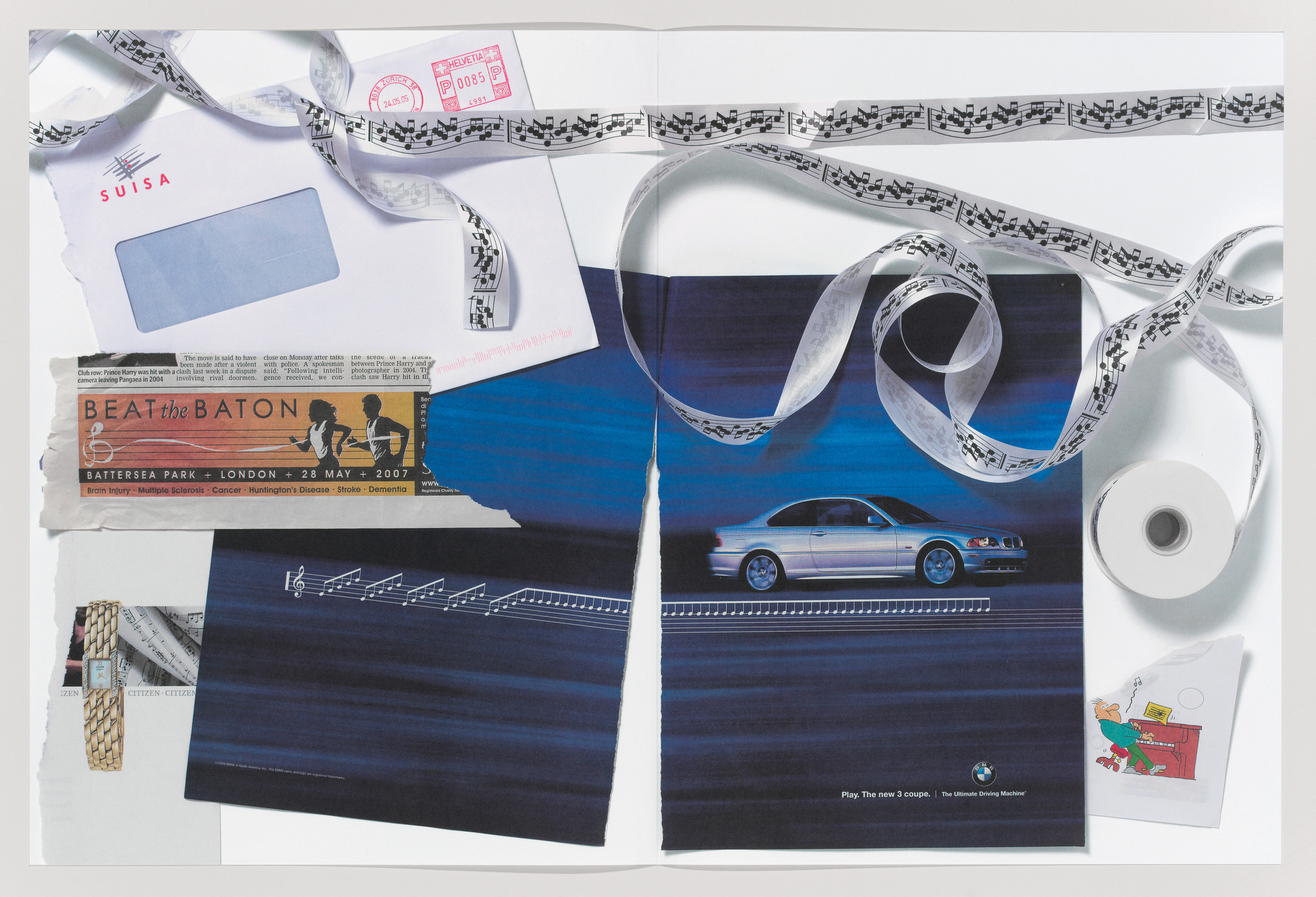 A collage of various items including a Swiss envelope with postage stamps, a strip of film negatives, a newspaper clipping advertising an event called "BEAT the BATON" in London, a car advertisement featuring a BMW 3 series coupe, a spool of music tape unfurling across the image, a watch advertisement, and a compact disc on a white background.