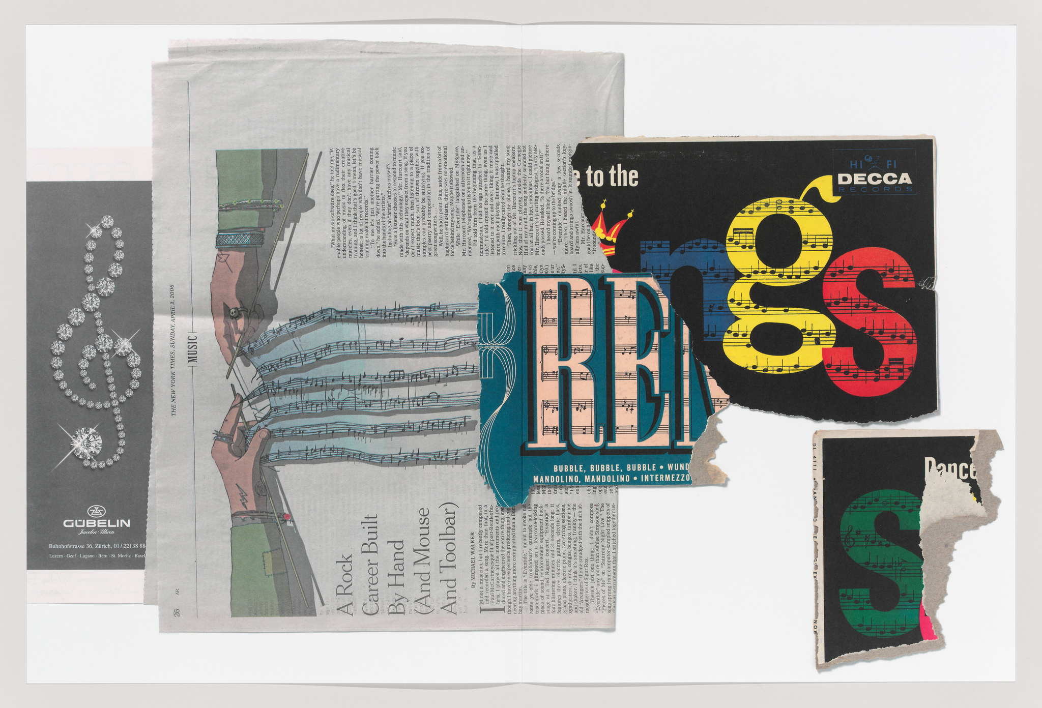 A collage of various paper elements including newspaper clippings, music sheets, and advertisements. The central focus is a large, colorful typography of the word "RECORDS" with each letter filled with different patterns, such as music notes and record grooves, set against a black background. To the left, a grayscale advertisement features a treble clef and diamond jewelry, while to the right, a torn piece of paper with the letter "S" over musical notation is visible. The overall composition is a creative juxtaposition of text, imagery, and musical themes.