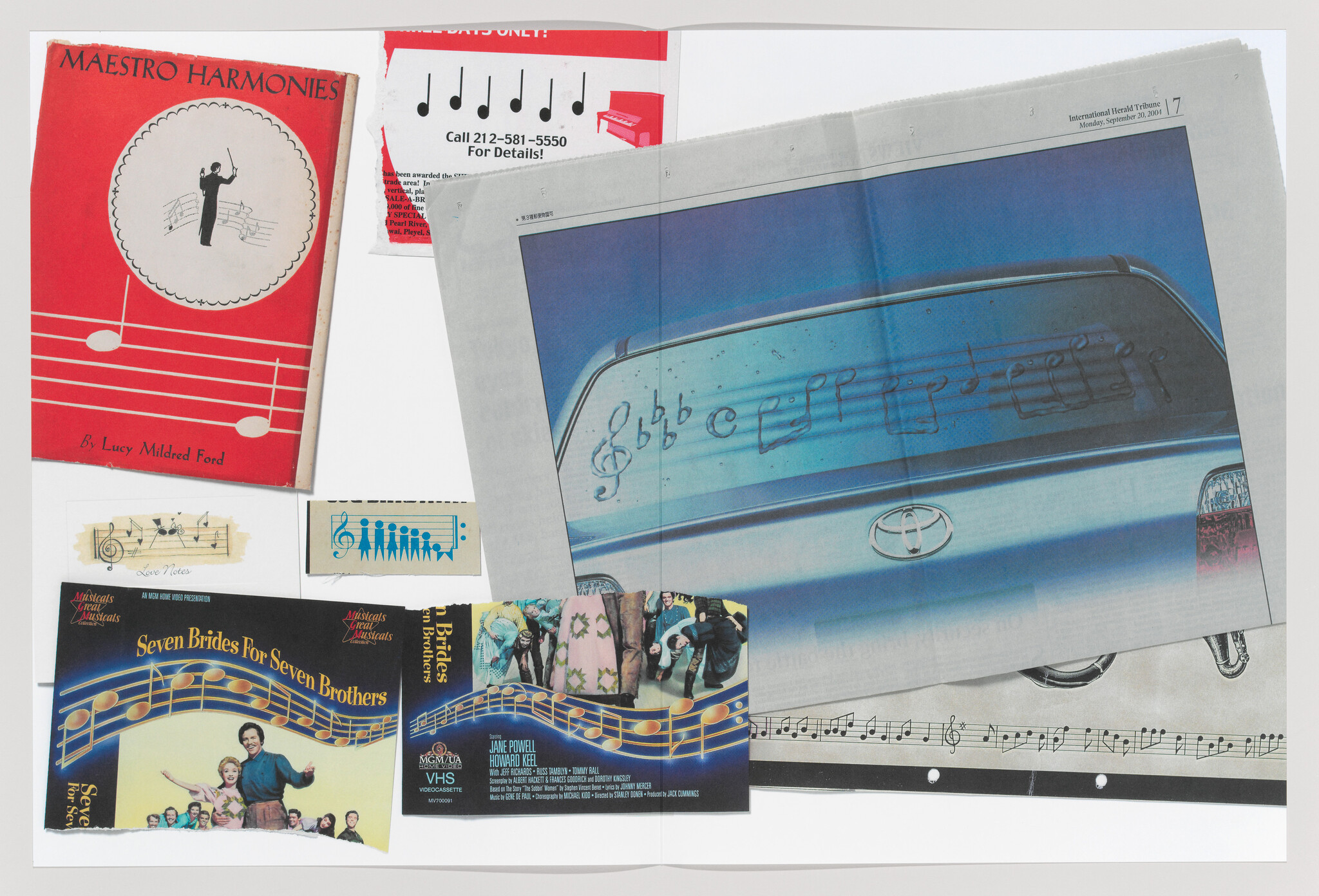 A collage of music-themed printed materials including a red "Maestro Harmonies" book and car ad.