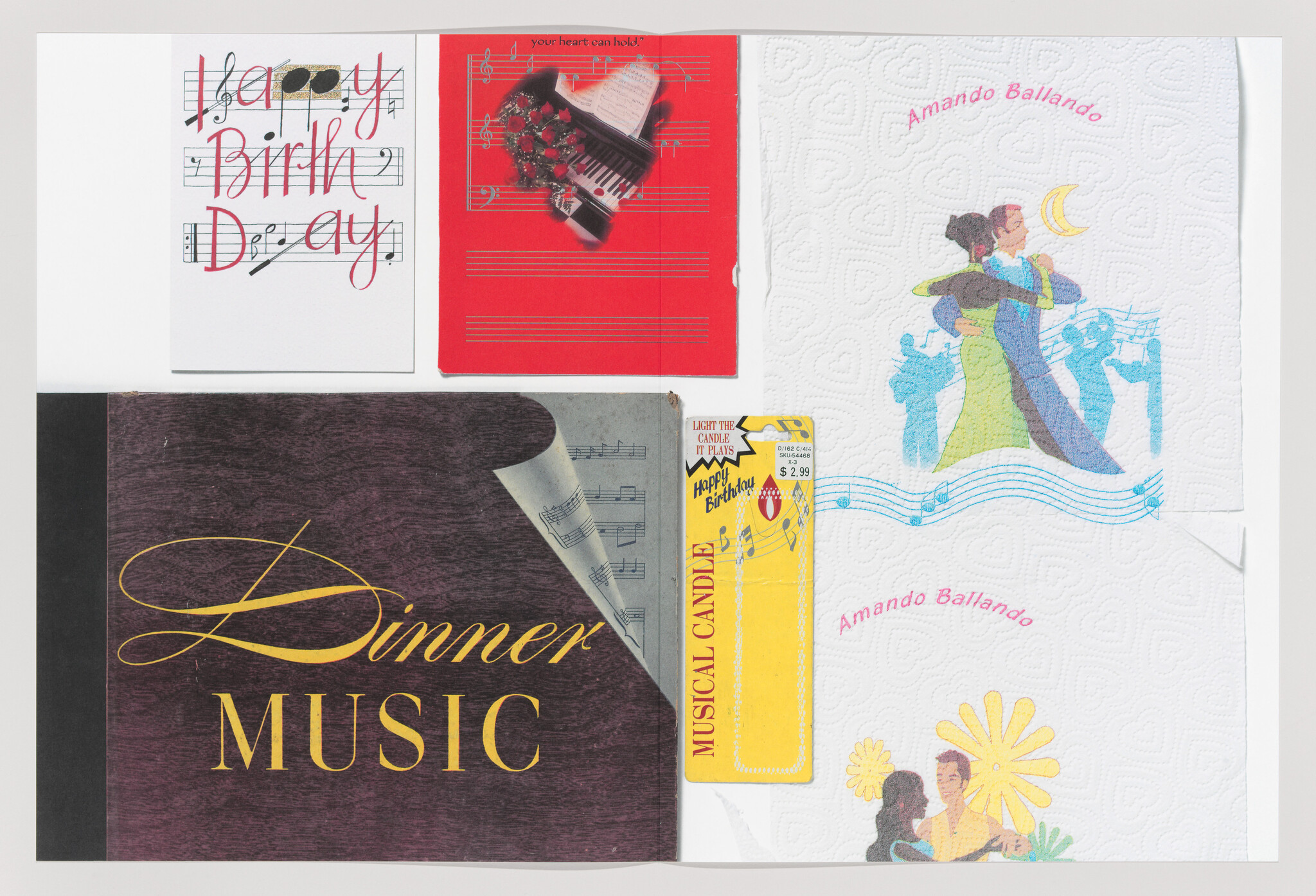 Various musical-themed items including a Dinner Music book, birthday cards, and a musical candle.