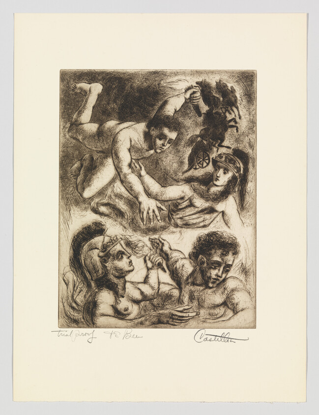 Four mythological figures in dynamic poses, one reaching toward a reclining helmeted woman.