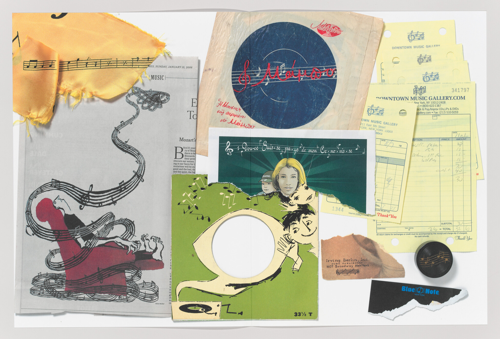 A flat collage of vintage music sleeves, sheet music, receipts, and a yellow fabric scrap.