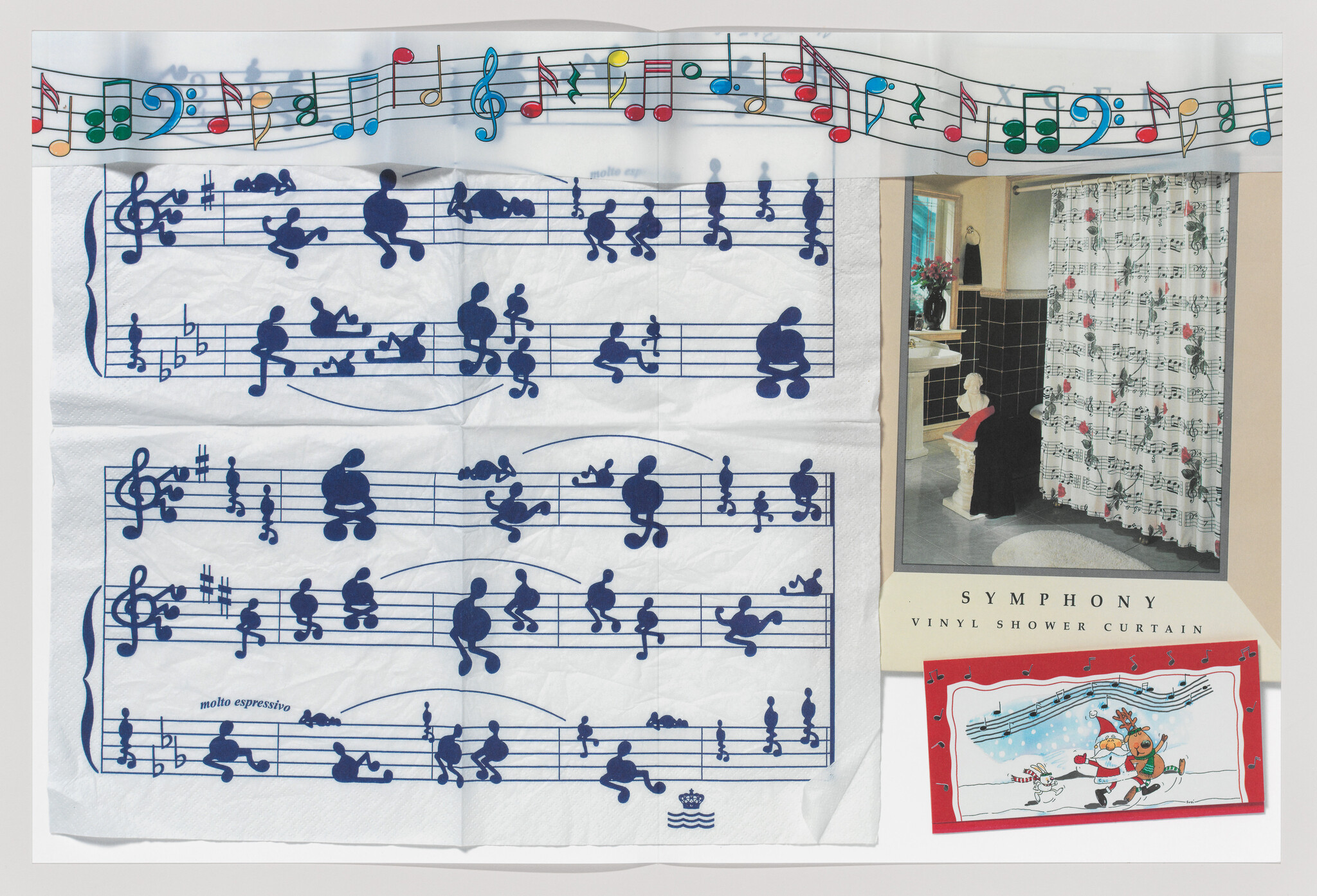 Blue musical notes printed on a paper sheet beside a boxed vinyl shower curtain labeled Symphony.