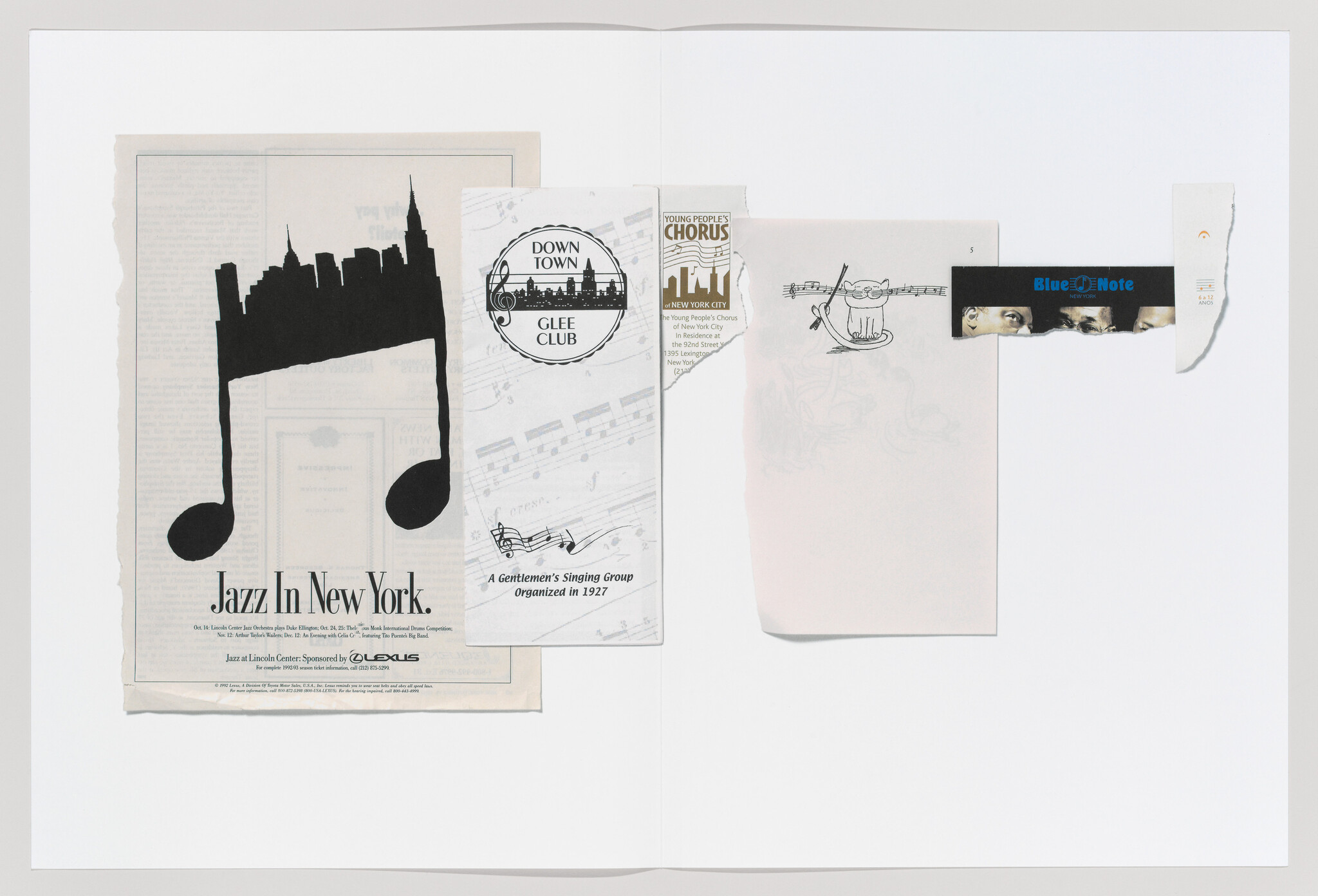 Several music club flyers and torn papers arranged, featuring a large music note with New York skyline.