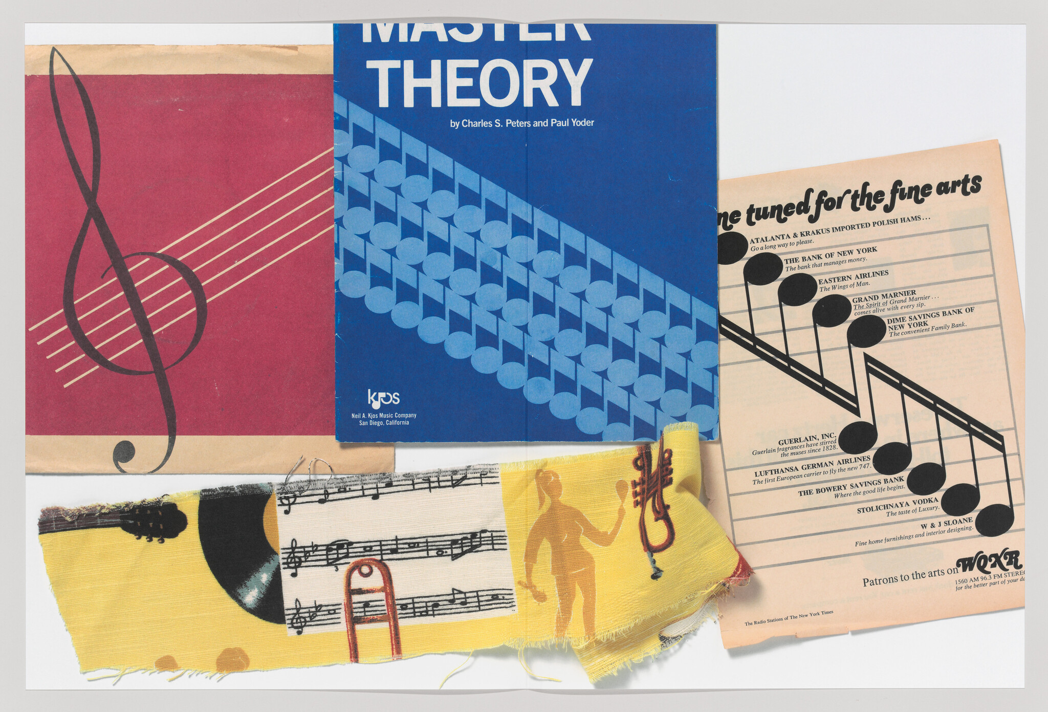 Three music-themed book covers and a fabric strip featuring musical notes and symbols.