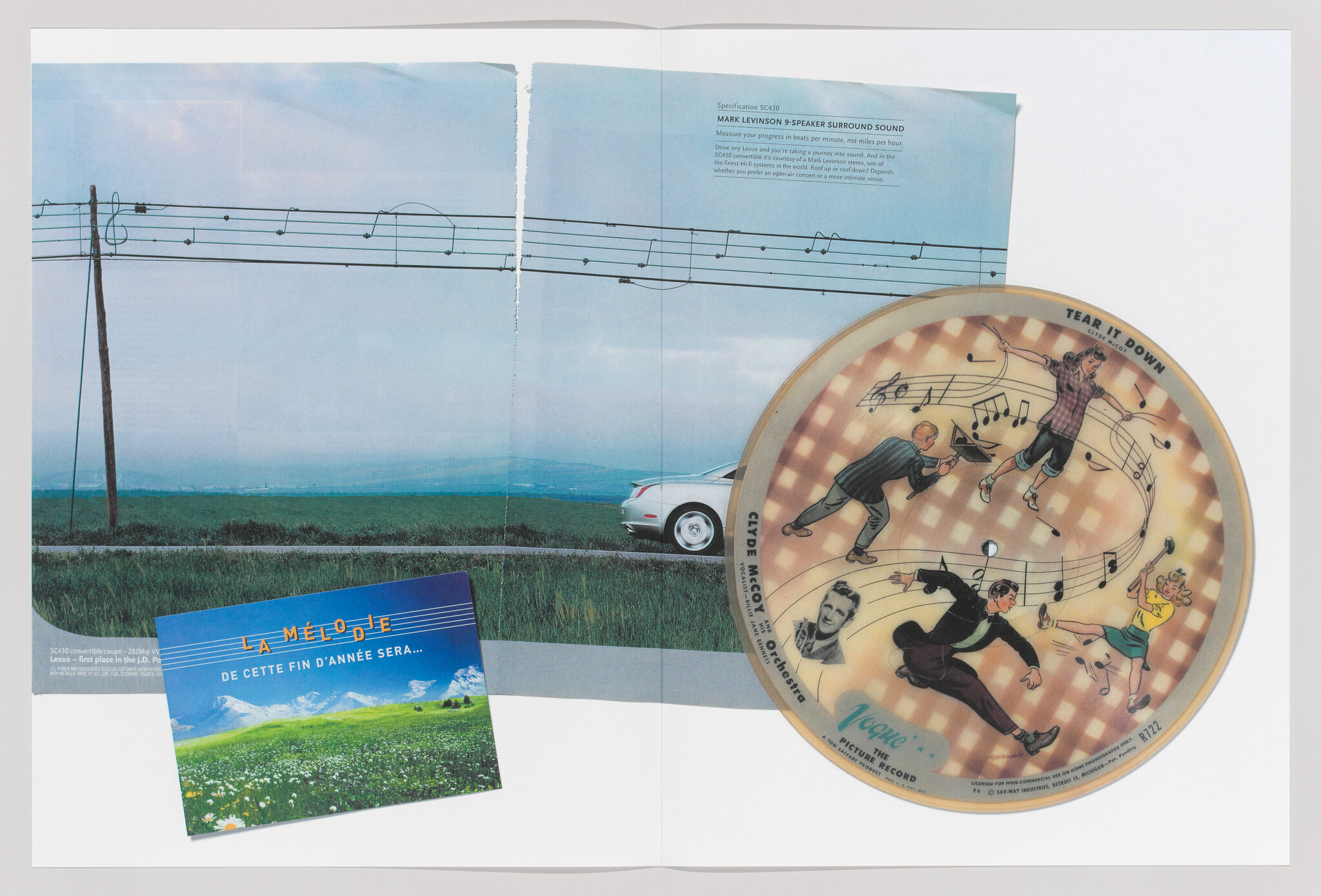 A magazine spread with a countryside road and a large picture record showing dancing figures.