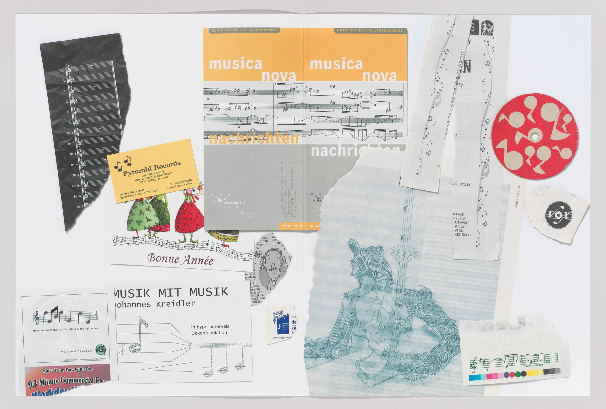 Collage of music sheets, flyers, and illustrations centered on the "musica nova" booklet.