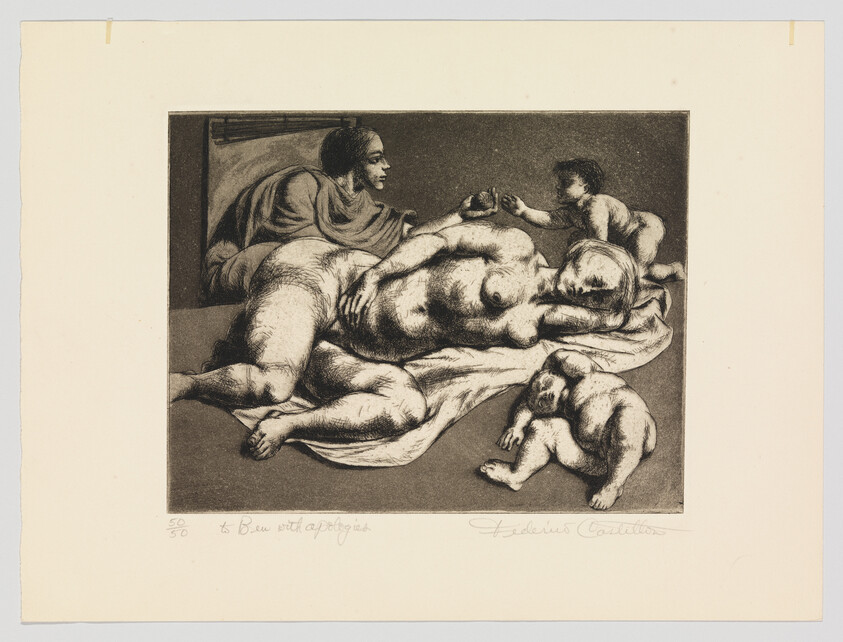 A reclining nude woman sleeps on a cloth while two children and a figure reach toward her.