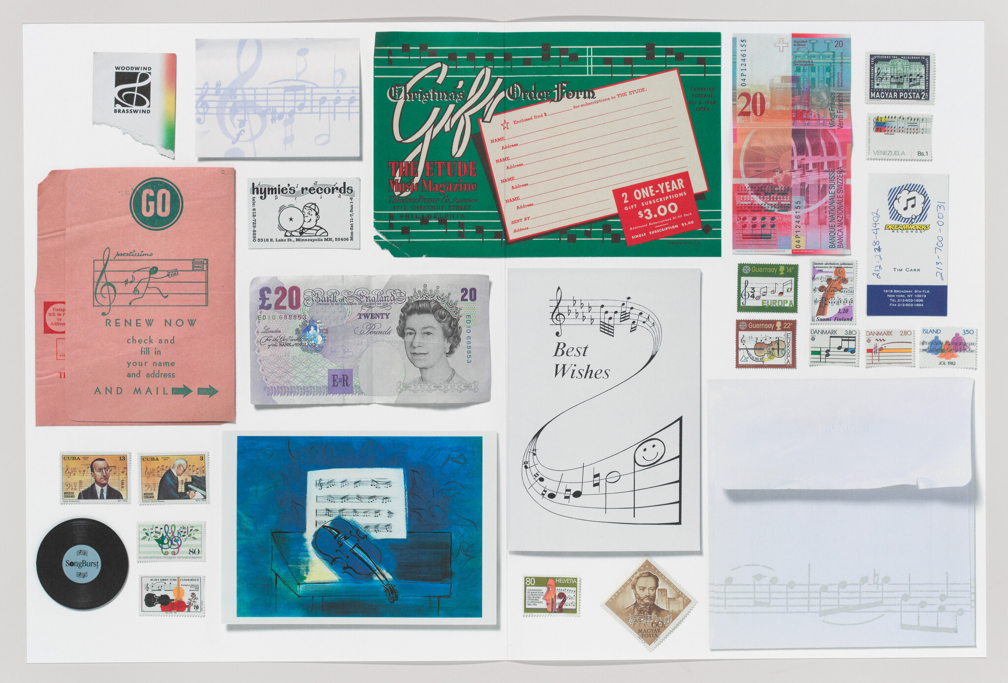 Assortment of music-themed ephemera, postage stamps, a twenty-pound note, and a "Best Wishes" card.
