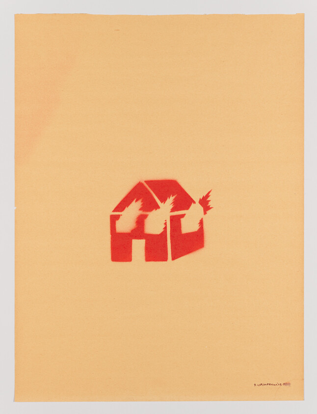 Small red stenciled house with flames painted in the center of a beige sheet.