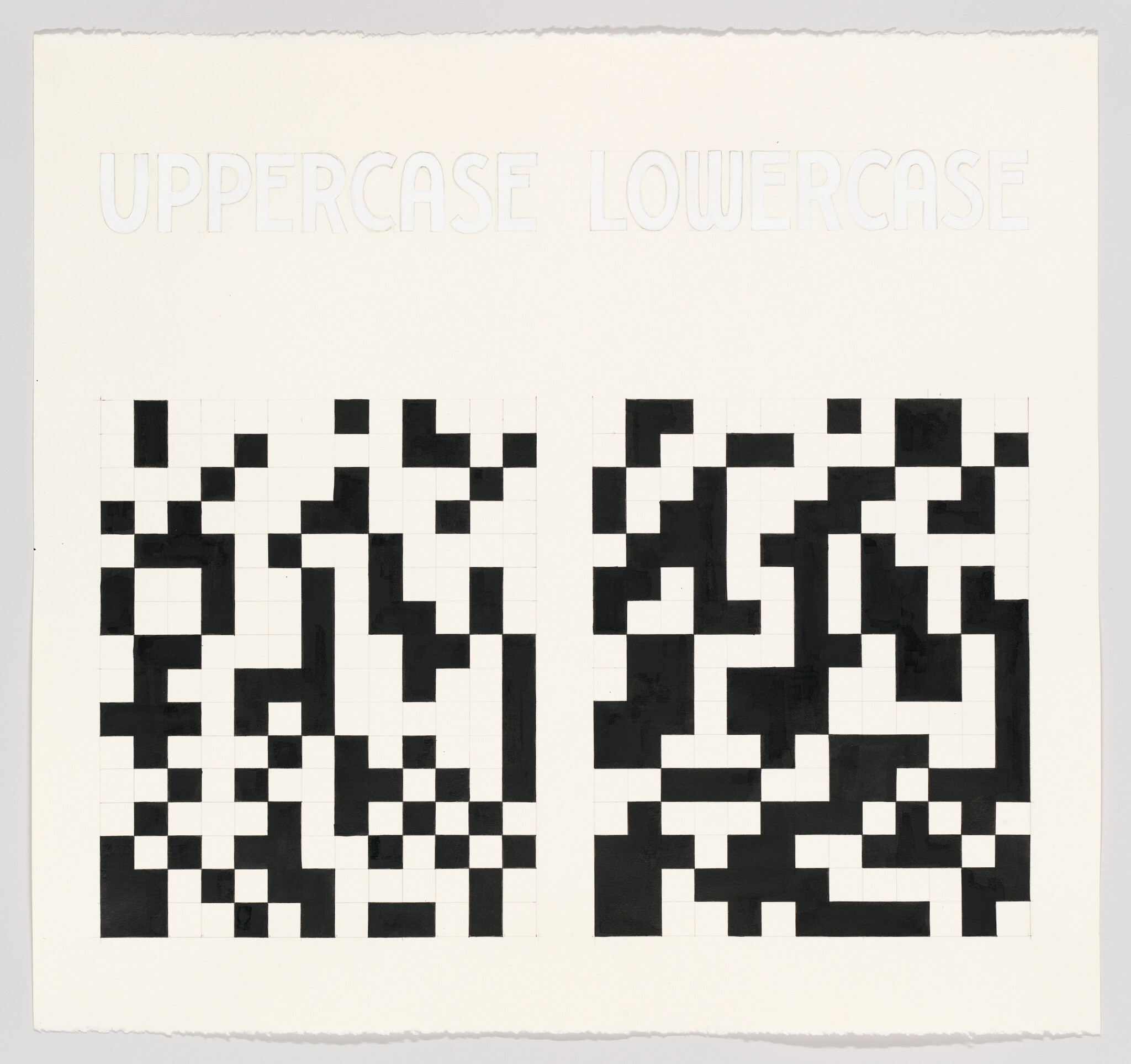 Two black-and-white pixel grid patterns labeled Uppercase and Lowercase on paper.