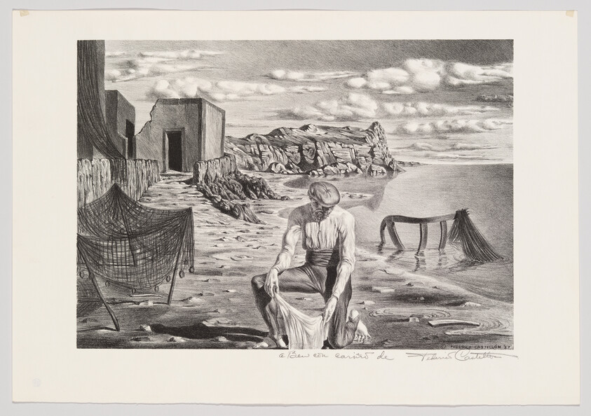 A black and white illustration depicting a desolate beach scene with a seated figure in the foreground, wearing a hat and looking downward. To the left, there's a small building and a fishing net supported by poles. In the background, the sea meets a cloudy sky, and to the right, a skeletal structure partially submerged in water reflects on the surface. The image has a signature at the bottom right and some handwritten text at the bottom left.