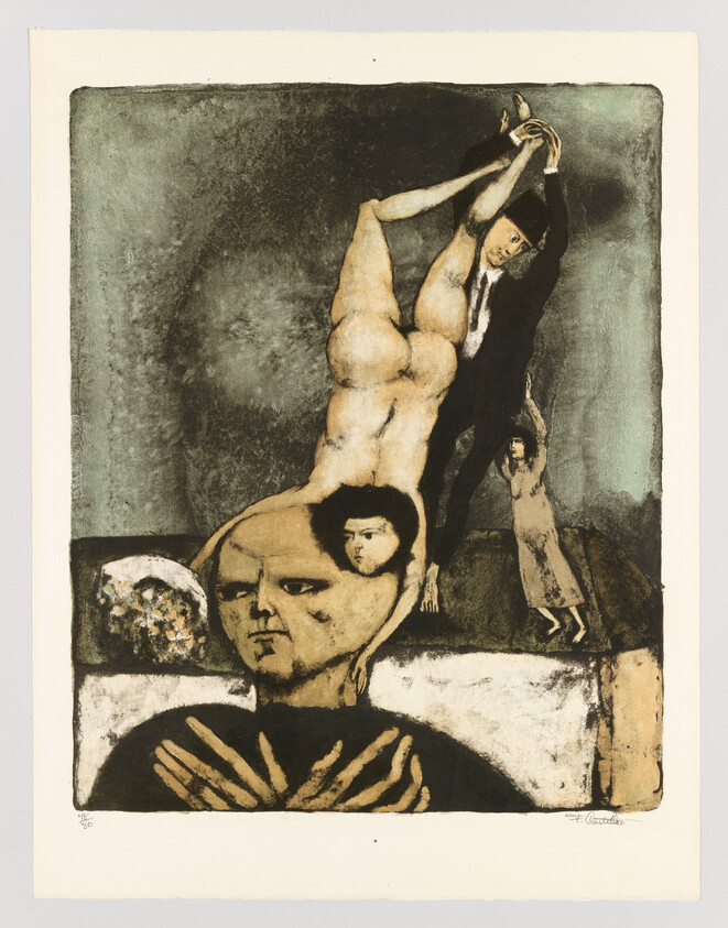 A surreal scene showing a large head with a small face while a man lifts an upside-down nude.