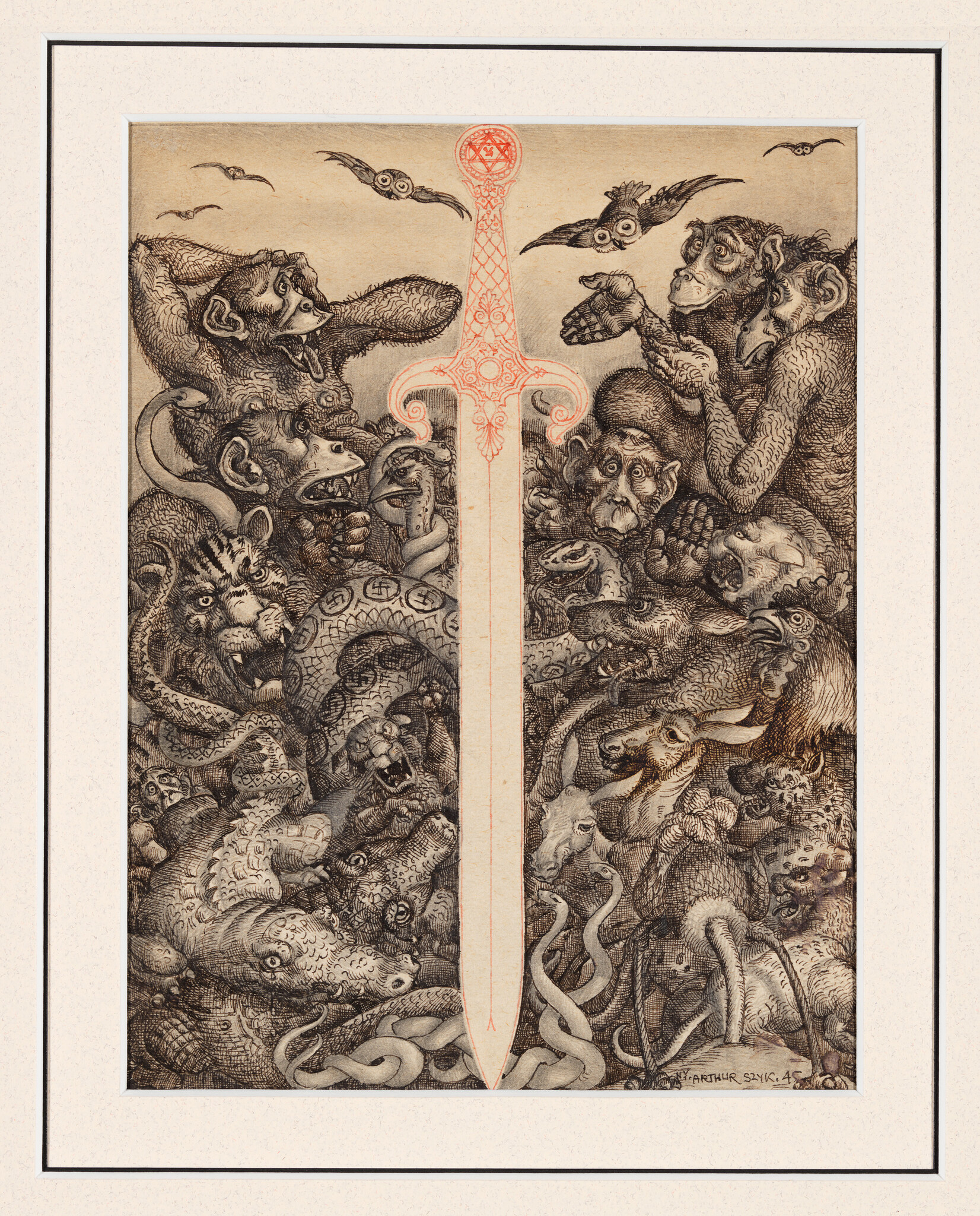 A tall ornate sword divides a crowded mass of animals and grotesque faces.