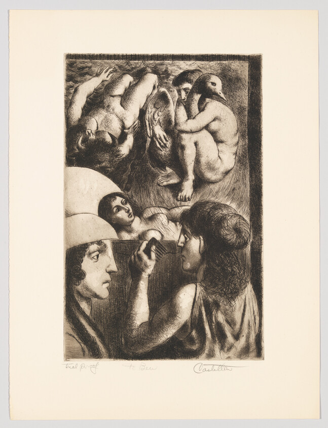 A woman holds a small mirror up to her face while others watch and crouch above.