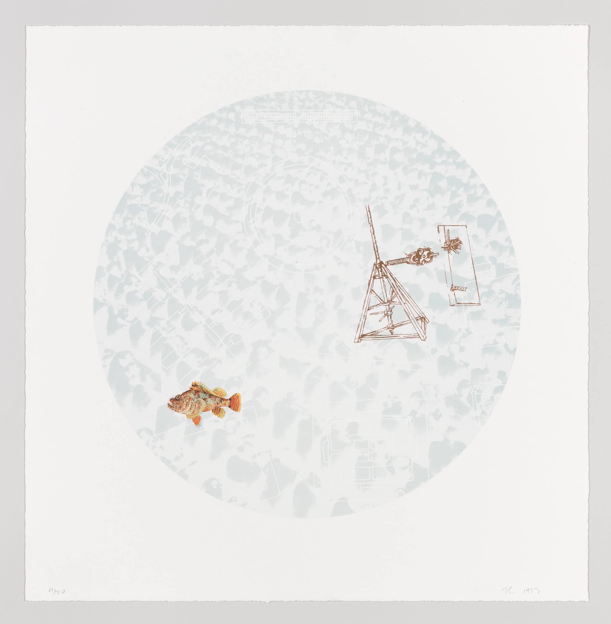 Orange fish swims near a hand-drawn mechanical device inside a pale circular water pattern.