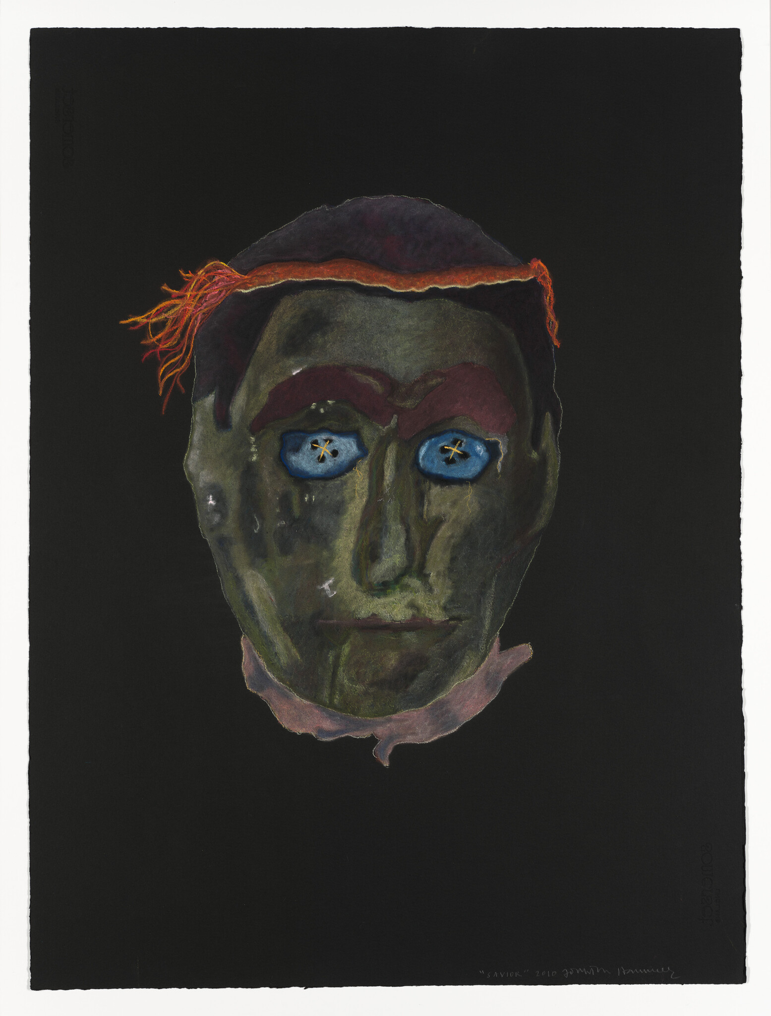 A greenish mask-like face with bright blue button eyes and a red headband against black.