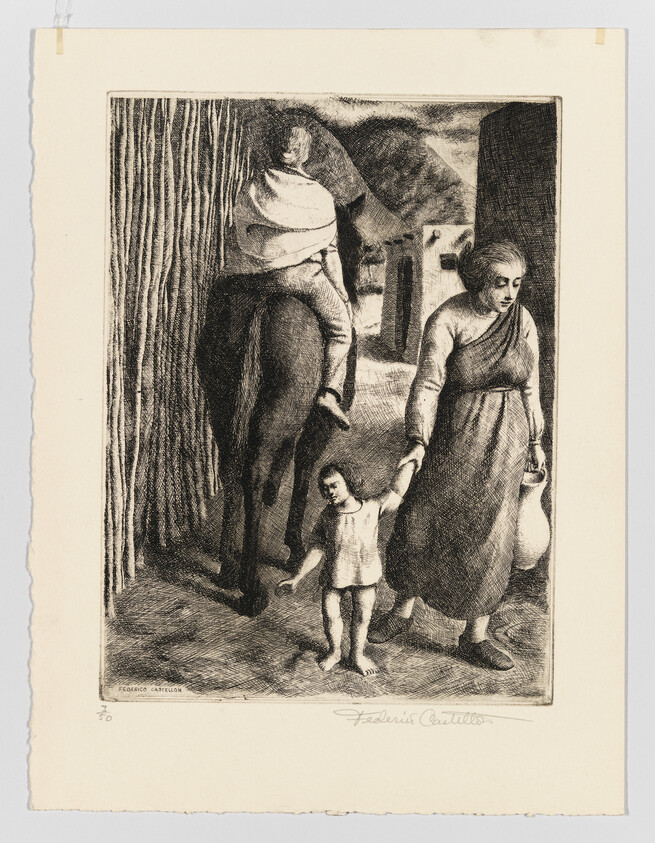 A woman carries a jug and leads a barefoot child while a man rides a donkey behind them.