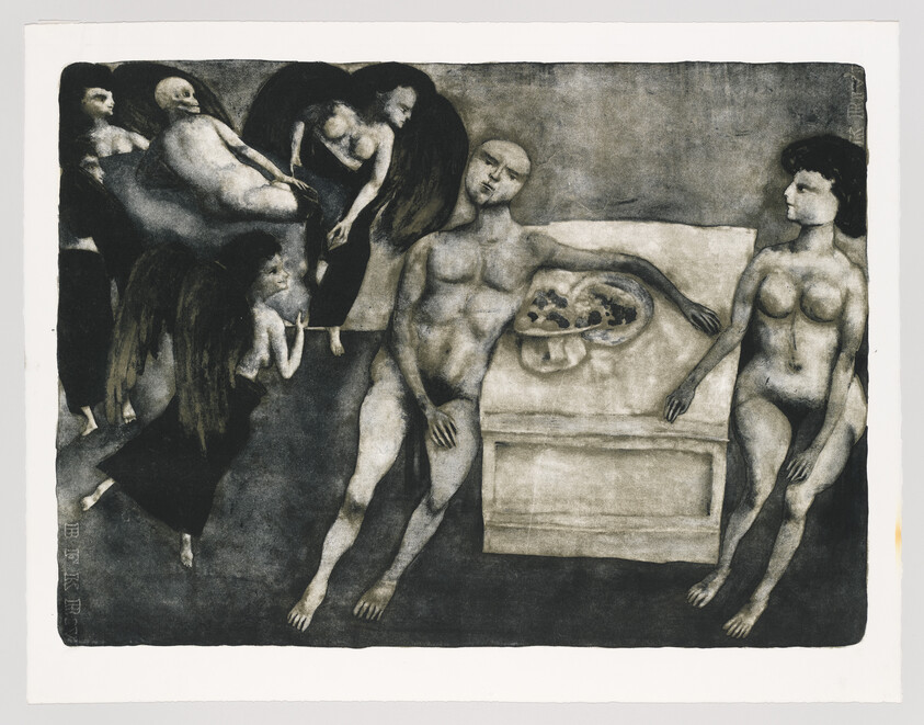 Nude man and woman beside a tomb as winged figures carry a corpse in the background.