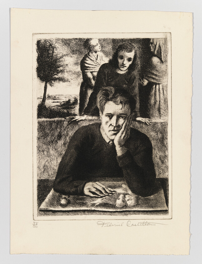 A pensive young man rests his head on his hand at a table while two women watch behind him.