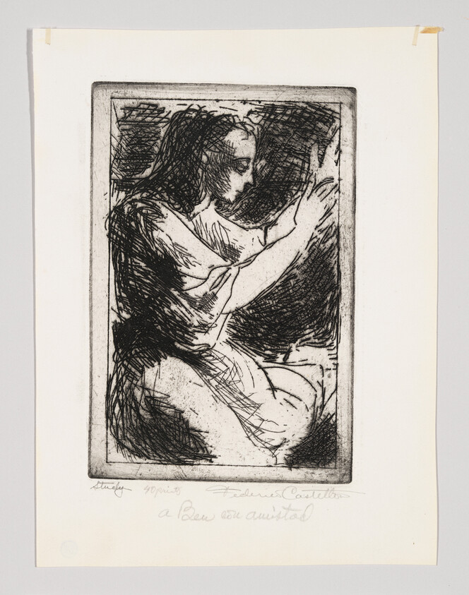 A seated figure with raised hands rendered in dark, cross-hatched etching lines.