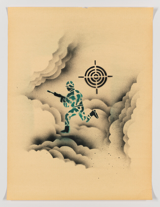 A camouflaged soldier runs through stylized clouds with a target symbol above him.